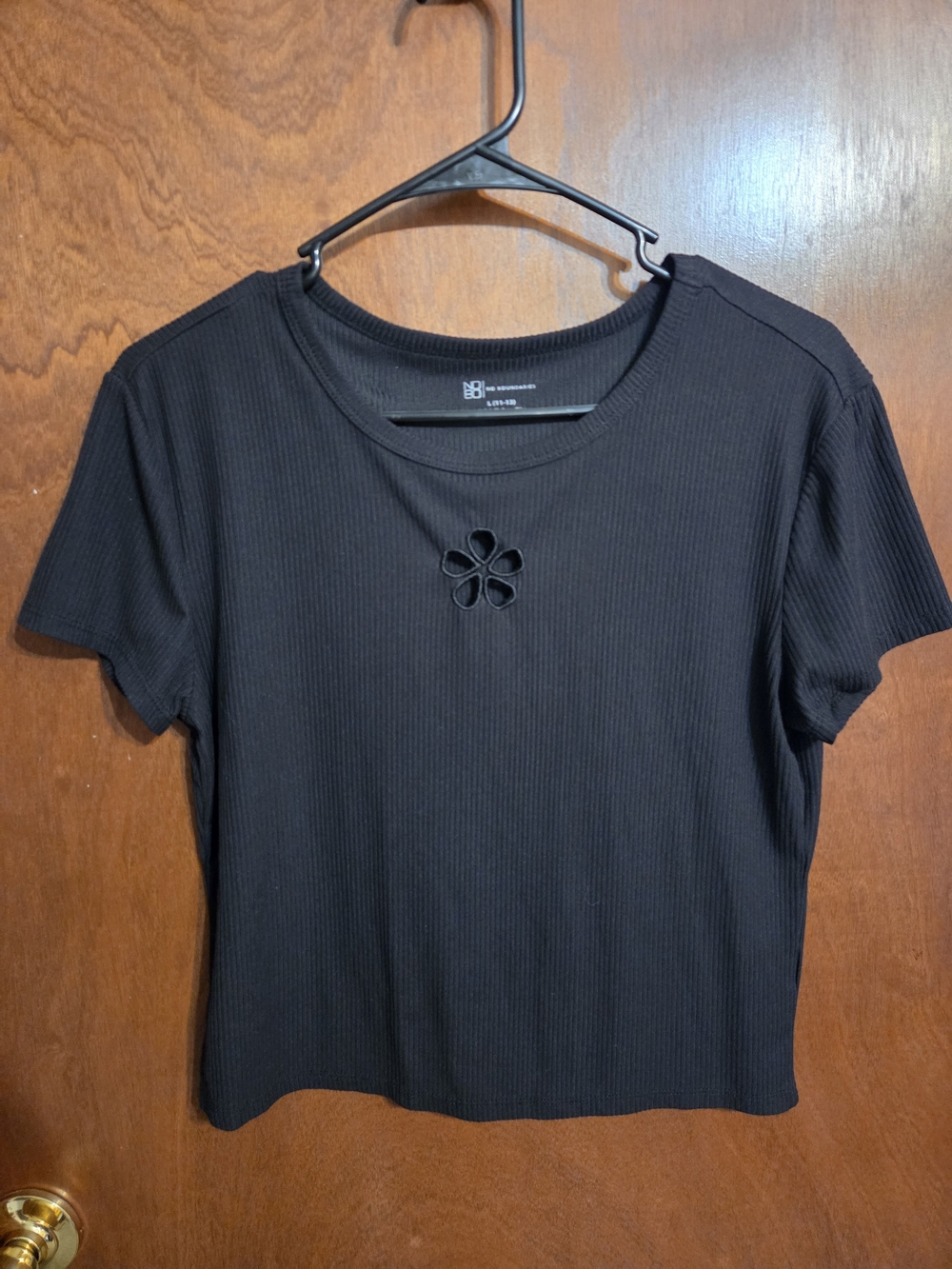No Boundaries Black Ribbed Short Sleeve Top with Cutout Flower